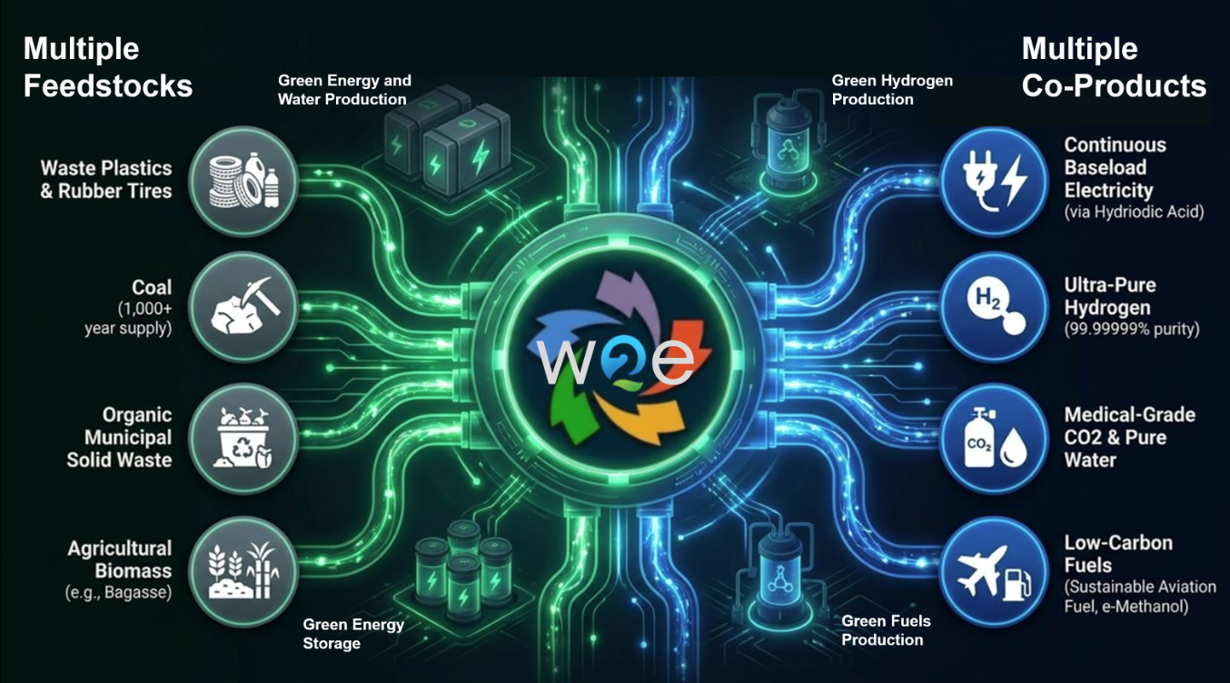W2E Technology: multiple feedstocks (waste plastics, coal, biomass) converted to co-products including electricity, hydrogen, CO2, and low-carbon fuels